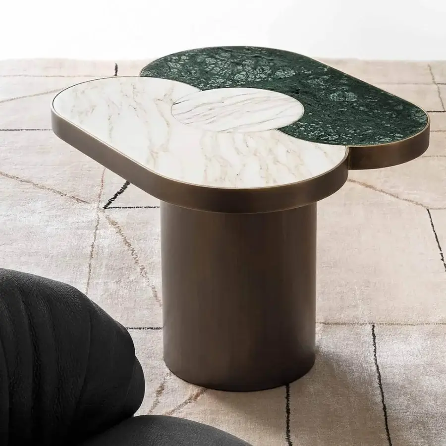 Captivating Rugiano Landmark coffee table with Calacatta gold and Guatemala green marble plus bronzed brass base