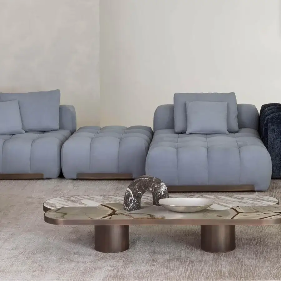 Exclusive Rugiano Landmark coffee table with bronzed brass metal and Calacatta gold Guatemala green marble top in matte finish