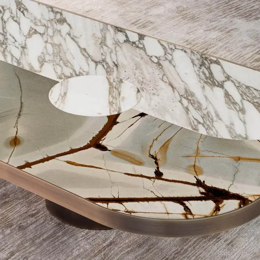 Architectural Rugiano Landmark coffee table with bronzed brass metal and two-tiered Travertino silver plus Calacatta gold marble tops