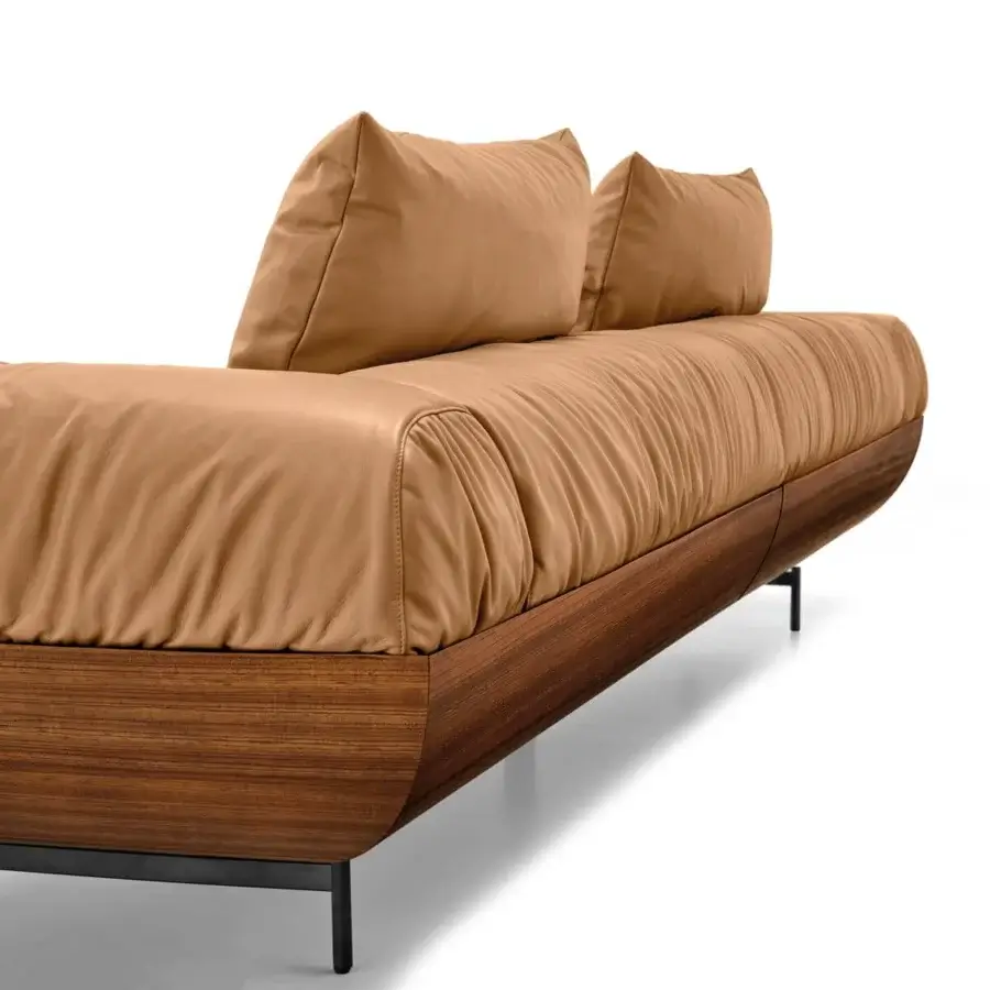Exceptional Arketipo Fast Love sofa with tan leather cushions and dark brown wood base built with black metal feet