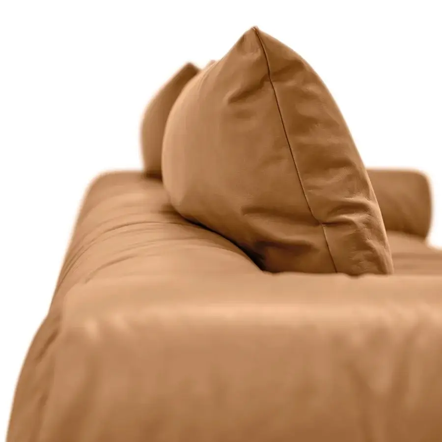 Elegant Arketipo Fast Love sofa with warm tan textile upholstery and Zebrano wood base