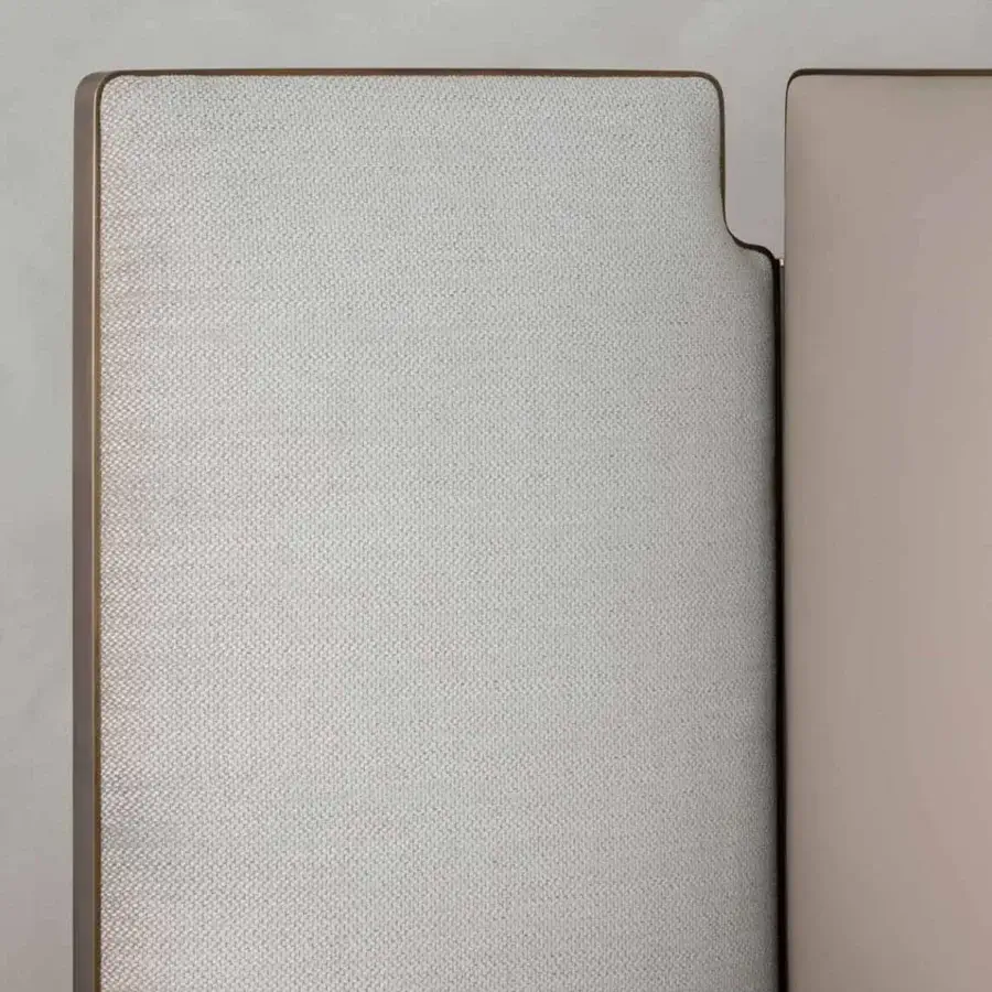 Exclusive Rugiano Falcon bed with woven light neutral upholstery and bronze brass metal frame