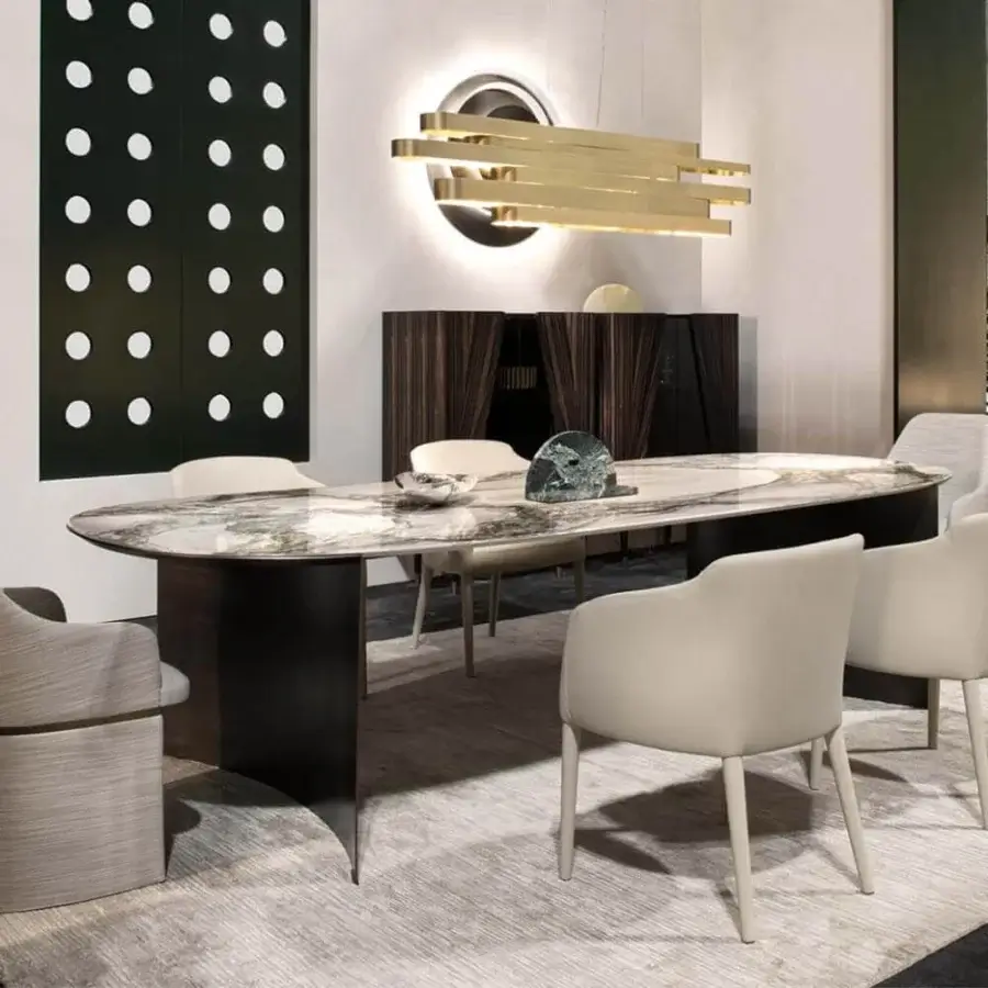 Exceptional Rugiano President table with swirling white, gray and green decoro painted wood and varnished bronze legs