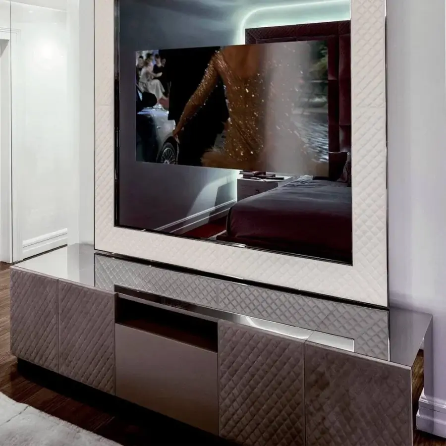 Exclusive Rugiano Boston sideboard with quilted textile-like material and contrasting glossy framing in a muted gray-brown tone