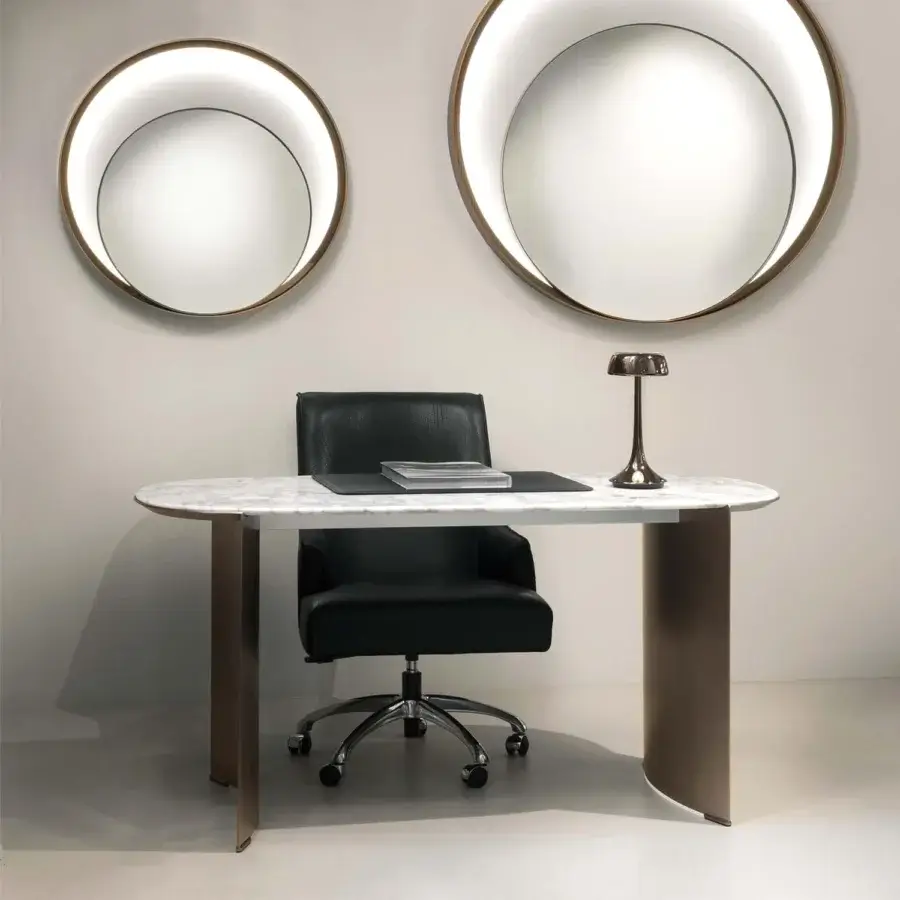 Refined Rugiano President desk with rounded marble top and bronze varnished curved legs embodies Italian glamour
