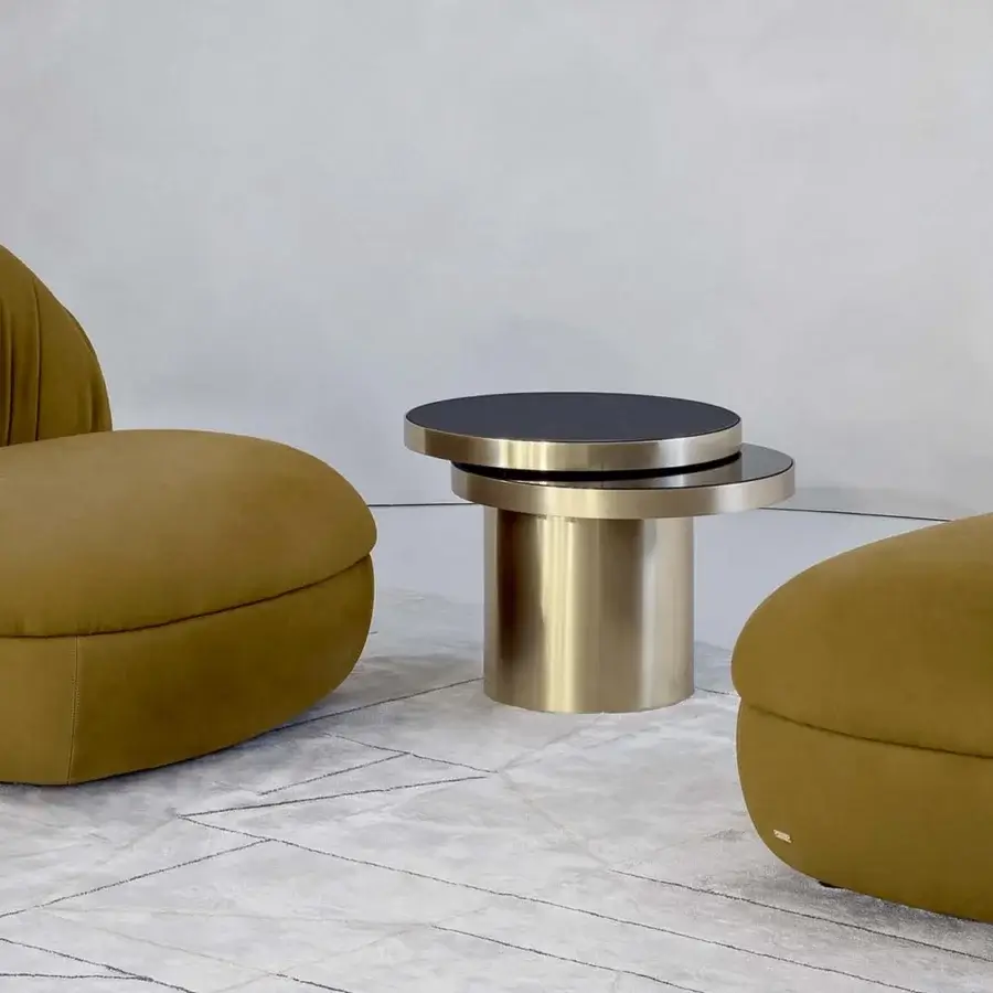 Superior Rugiano Fandango lounge chair built in Italy with earthy textile upholstery and bronze brass metal detail