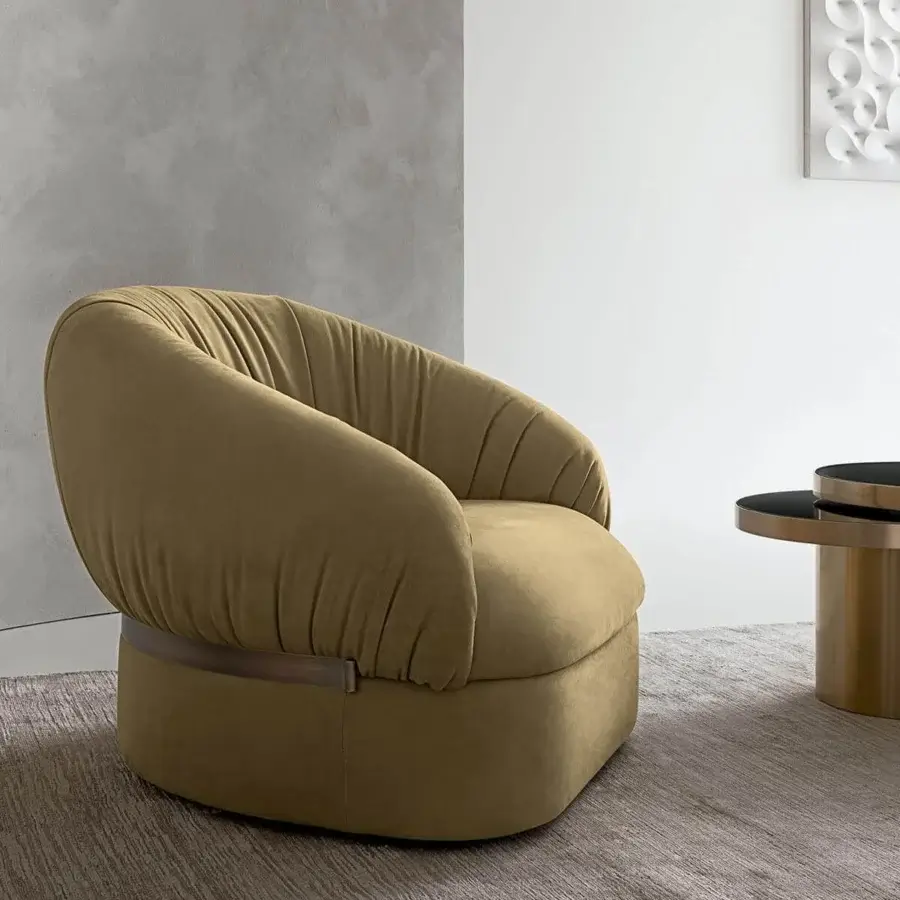 Exceptional Rugiano Fandango lounge chair in olive-green textile with vertical pleats and a bronze brass metal band