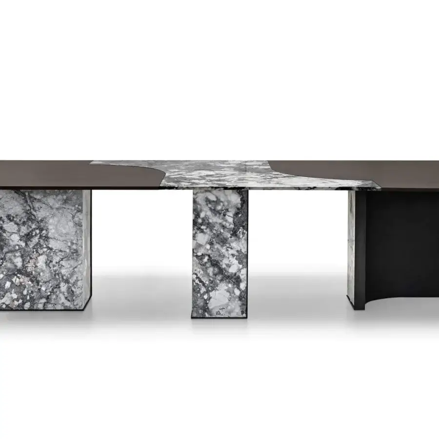 Distinguished Arketipo Millennium table with a rectangular marble top and dark-toned wood complemented by a marbled section and metal legs