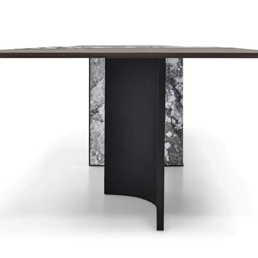 Exclusive Arketipo Millennium table with a dark rectangular tabletop and gray marble-like patterned supports offering an elegant finish