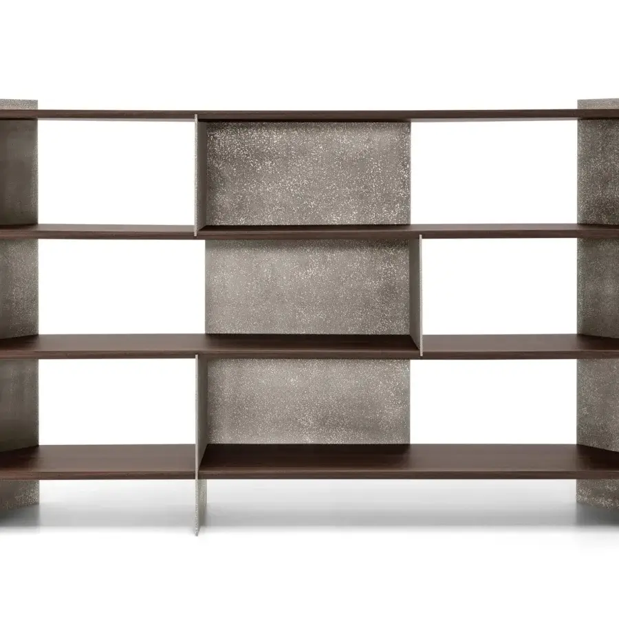 Exceptional Arketipo Carter bookcase with exotic wood shelves and textured metal vertical panels in a dynamic, irregular pattern with matte finish