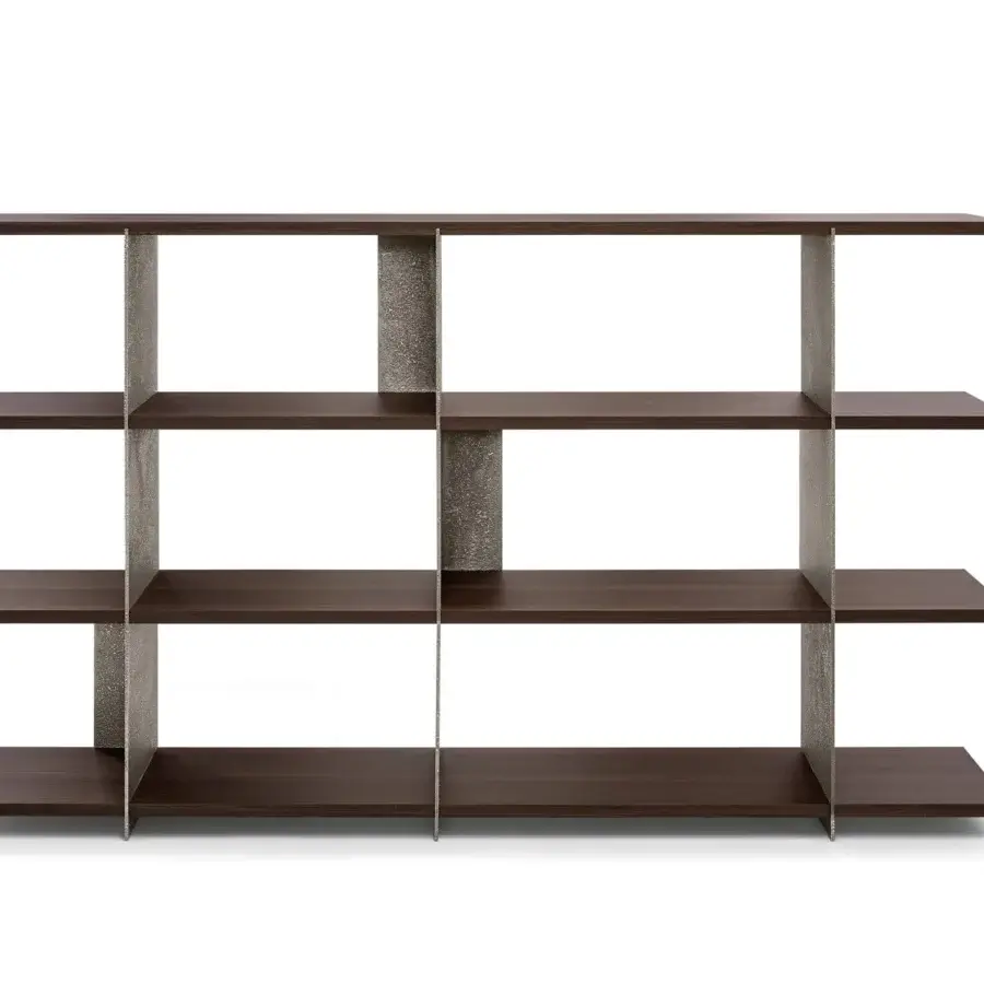 Refined Arketipo Carter bookcase with dark brown shelves and light grey textured metal, embodying a minimalist design crafted in Italy