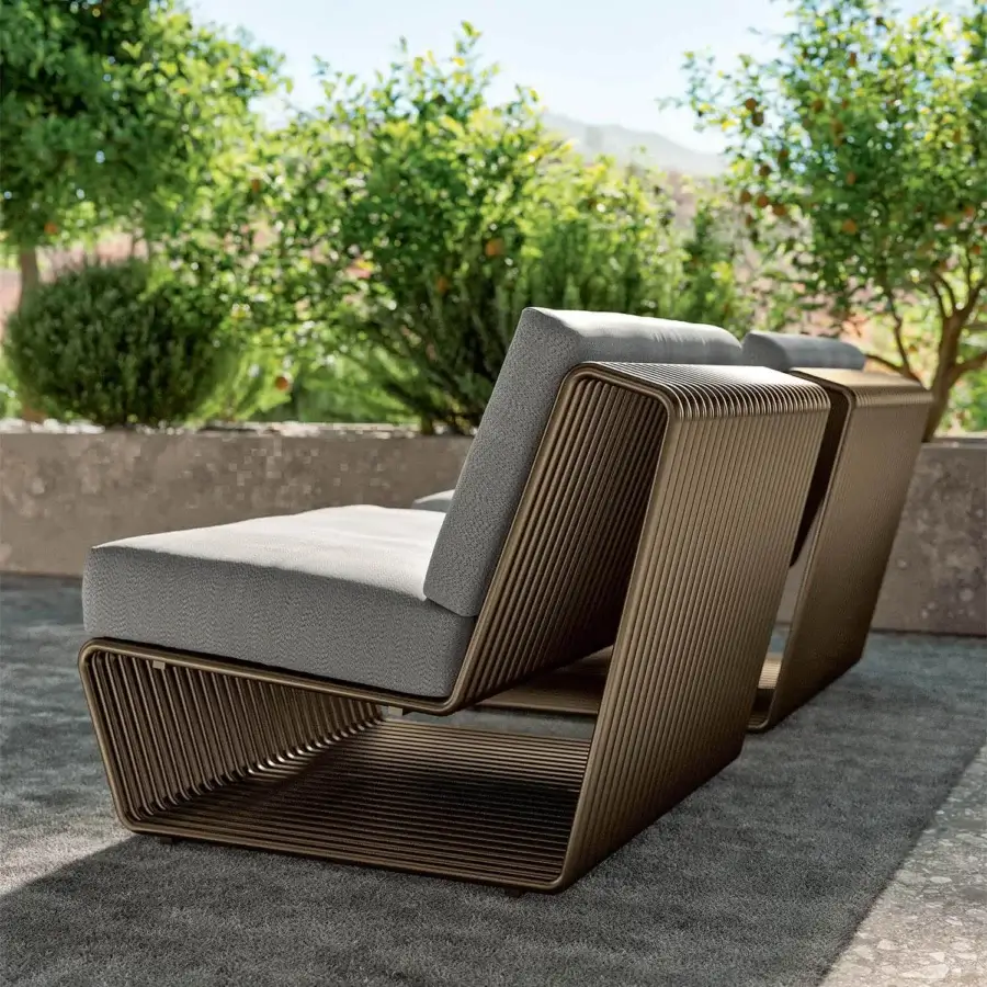 Exceptional Rugiano Infinity lounger with comfortable gray textile cushions and hand-finished bronze aluminum components