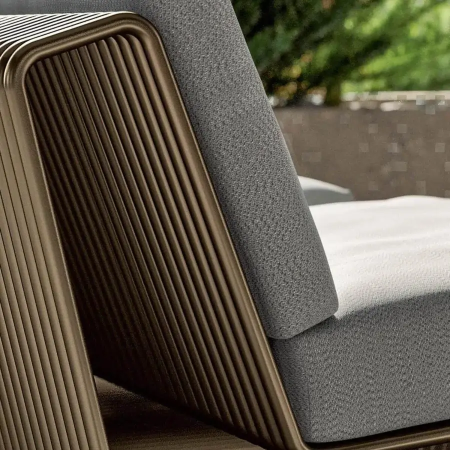 Superior Rugiano Infinity lounge chair with plush gray textile cushions and innovative bronze aluminum structure crafted with a matte brown finish