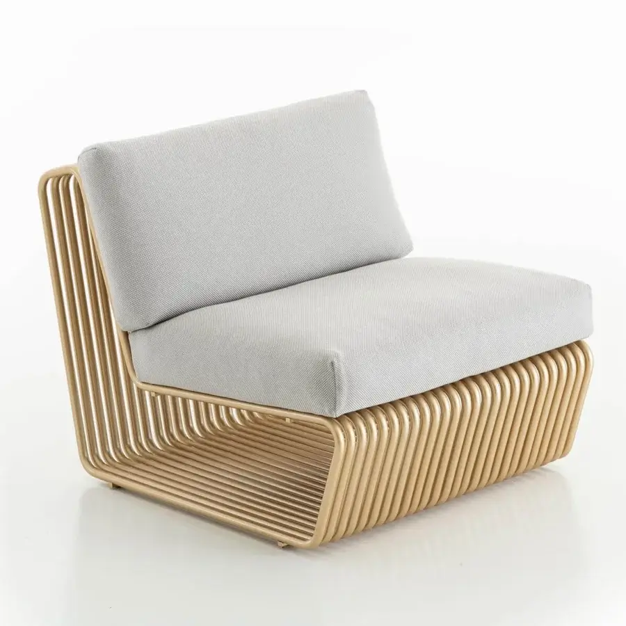 Distinguished Rugiano Infinity lounge chair with light gray outdoor fabric cushions and hand-finished bronze aluminum frame
