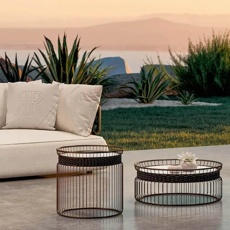 Distinguished Rugiano Ciglia coffee table with bronze metal structure and hand-braided grey rope strip detail