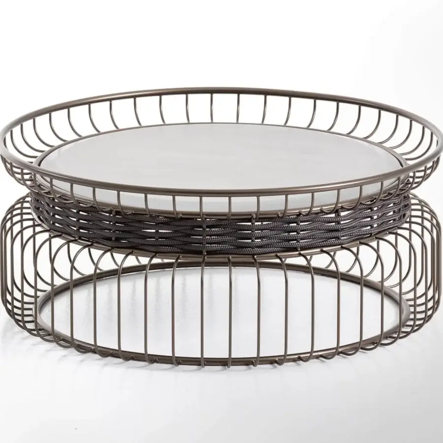 Elegant Rugiano Ciglia coffee table with bronze metal and hand-braided grey rope strip detail for outdoor living