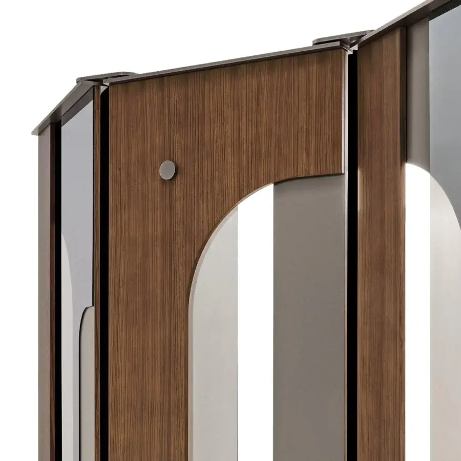 Distinguished Arketipo Hide Me room divider with alternating wood panels, mirrored elements, varnished wood and dark metal inserts