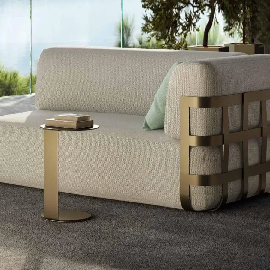 Elegant Rugiano Paride side table in outdoor bronze metal exhibits a geometric silhouette with a muted finish