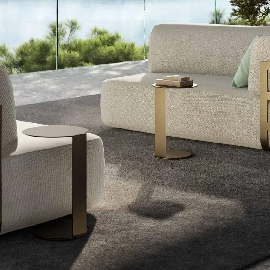 Distinguished Rugiano Paride side table in outdoor bronze metal presents a refined matte finish with circular top and base