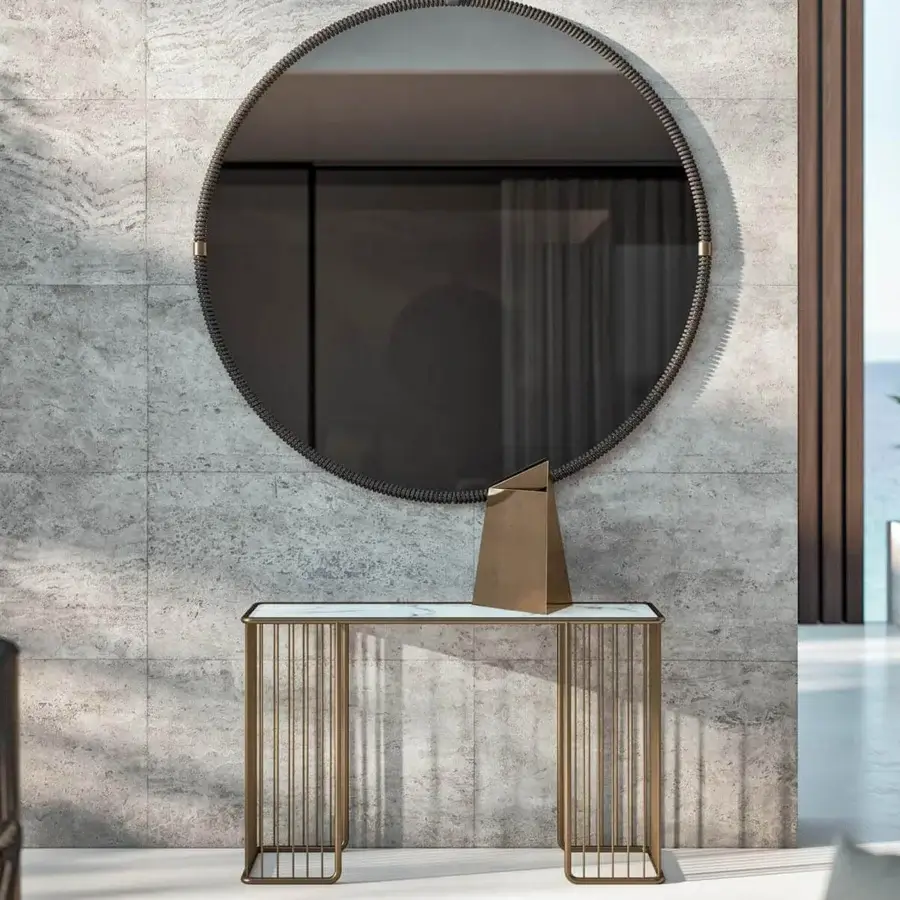 Exceptional Rugiano Boheme mirror with a round shape and hand-braided rope weave in a dark tone with bronze varnished gold metal details