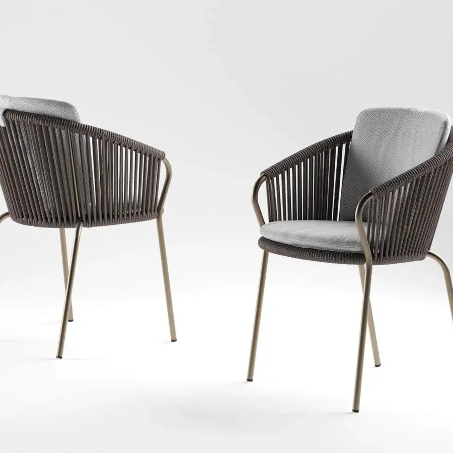 Distinctive Rugiano Minerva armchair crafted with outdoor bronze metal and dark brown hand-braided rope with light gray cushions