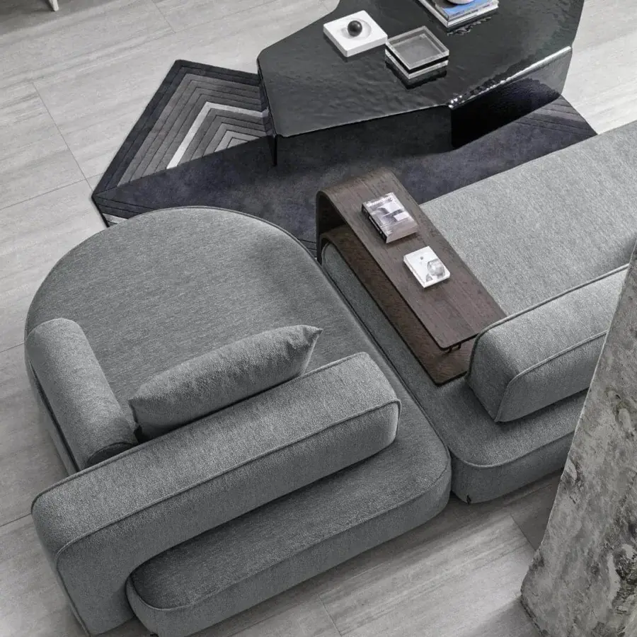 Exceptional Arketipo Back Pack sectional in sleek gray textile with integrated armrests and dark wood side table