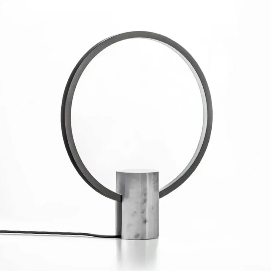 Elegant Porada Halo table lamp with Carrara marble base and grey pewter metal finish ring