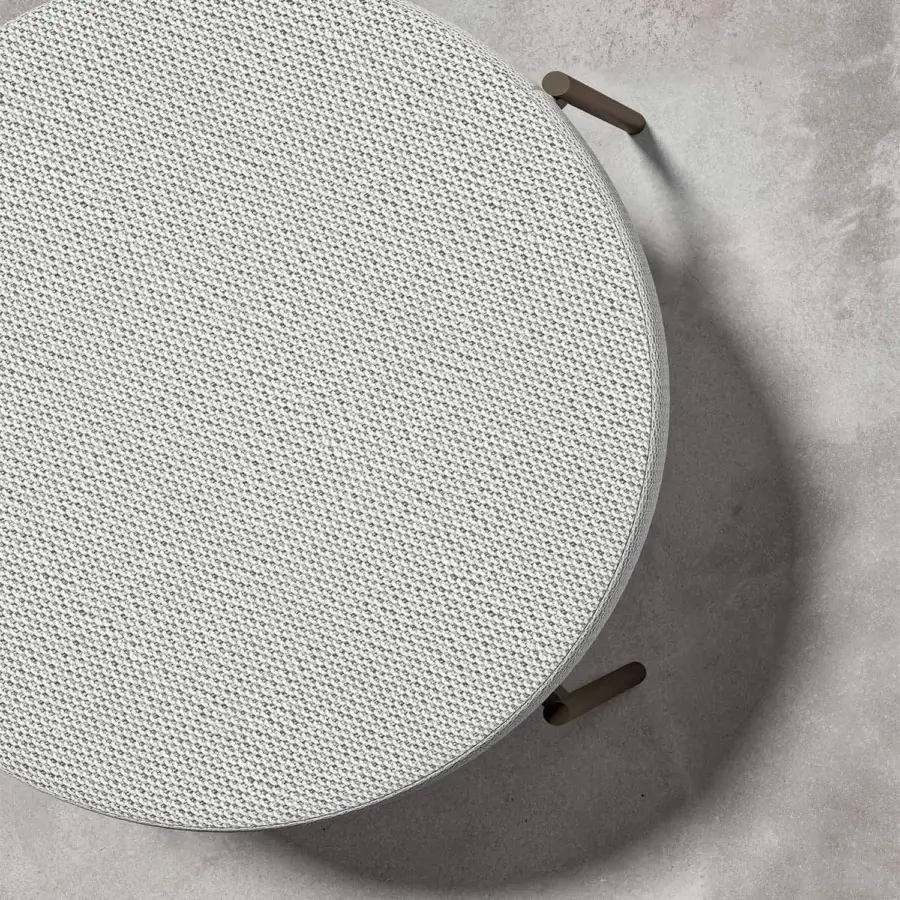 Superior Rugiano Apollo ottoman with comfortable light grey textile and refined matte bronze metal legs