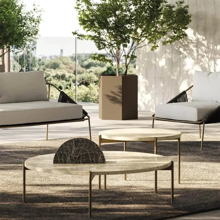 Elegant Rugiano Apollo coffee table with light ceramic or marble top and outdoor bronze metal legs