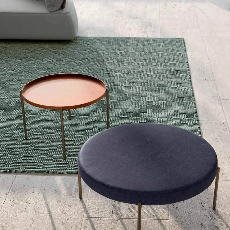 Exclusive Rugiano Apollo coffee table with bronze metal base and warm copper tray exhibiting a matte finish