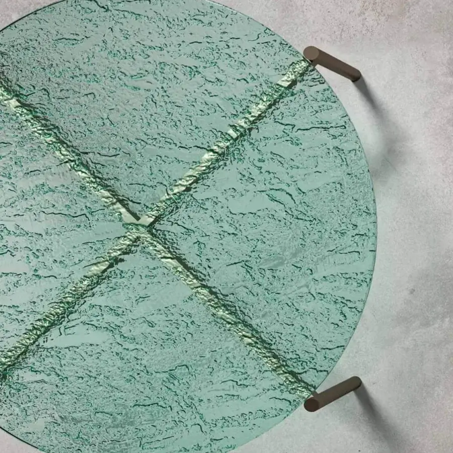 Exclusive Rugiano Apollo coffee table with round fused glass and geometric bronze metal base in a transparent finish