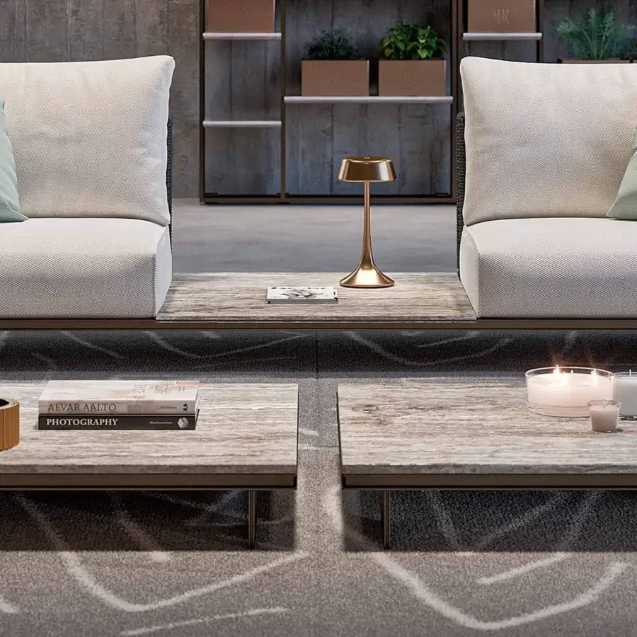 Elegant Rugiano Memphis coffee table with rectangular ceramic top in gray tones and sleek outdoor Bronze aluminum base