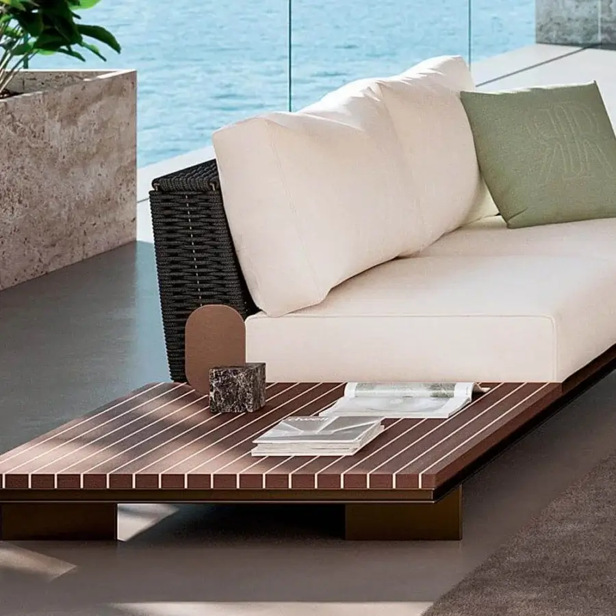 Elegant Rugiano Memphis coffee table with refined bronze aluminum base and Ilarch & mahogany wood inlay with matte brown finish