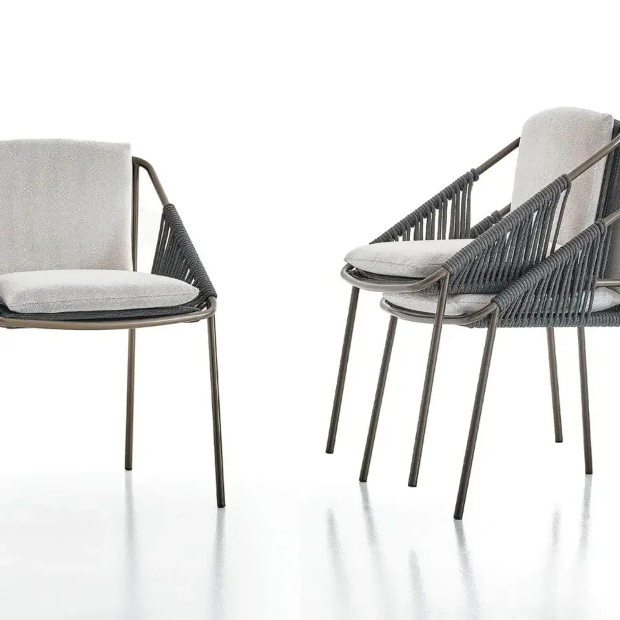 Elegant Rugiano Demetra armchair with dark bronze metal woven in hand-braided dark grey rope and light grey fabric cushions