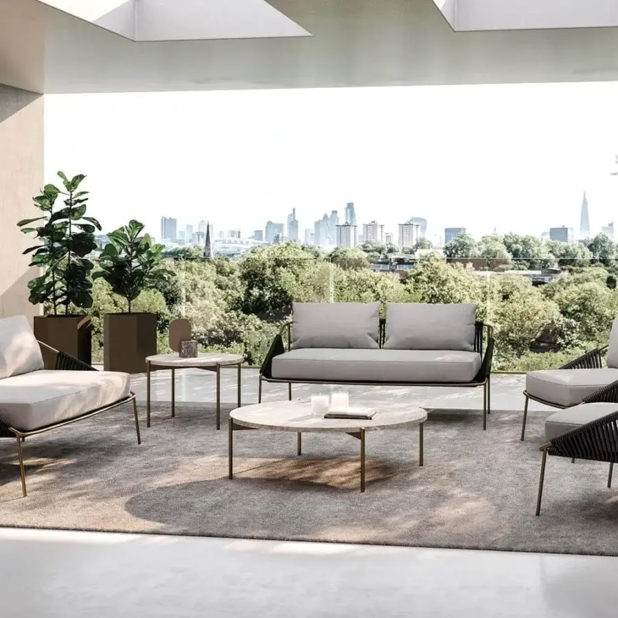 Exceptional Rugiano Demetra sofa with dark metal woven rope and light gray fabric cushions in bronze finish
