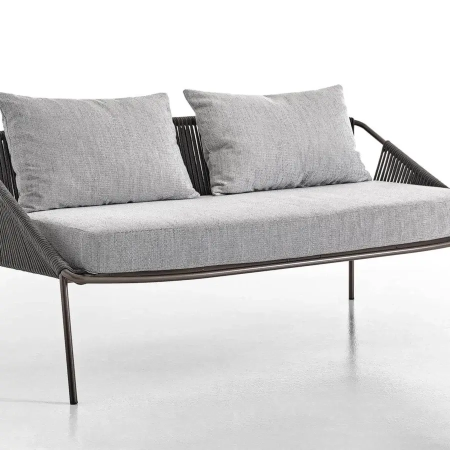 Exceptional Rugiano Demetra sofa with light gray fabric cushions and dark metal woven with hand-braided rope