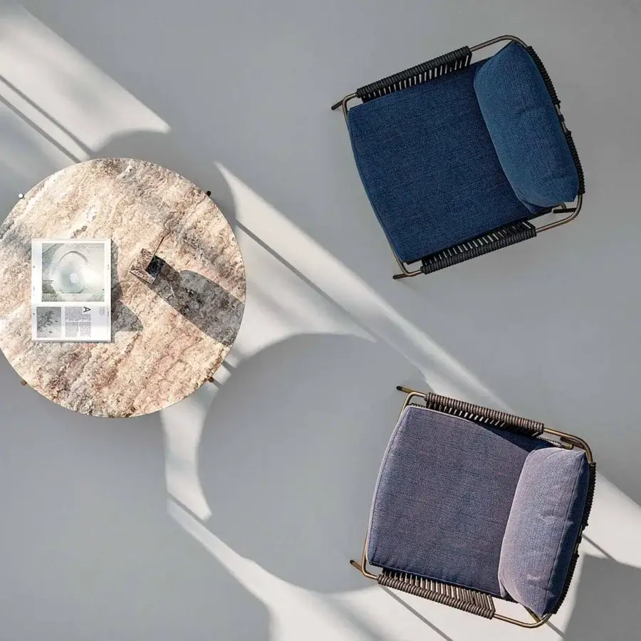 Exceptional Rugiano Demetra lounge chair built with dark woven rope and textile cushions in a bronze-toned metal structure
