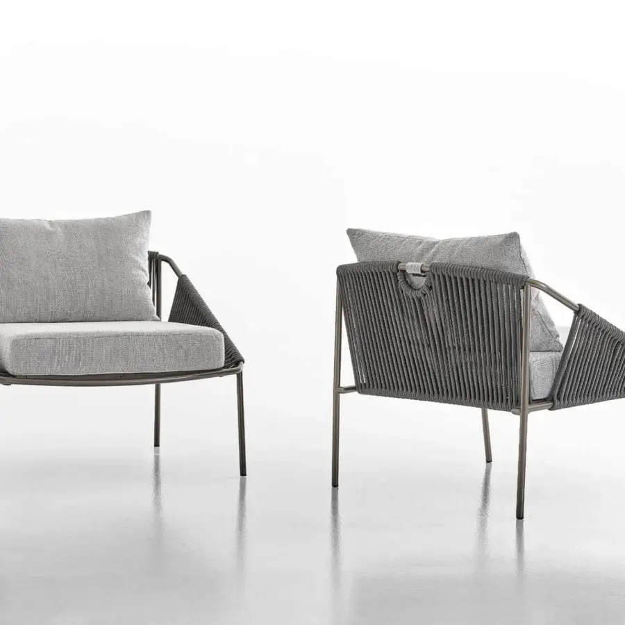Distinguished Rugiano Demetra lounge chair crafted with dark metal, gray woven rope and comfortable gray textile cushions