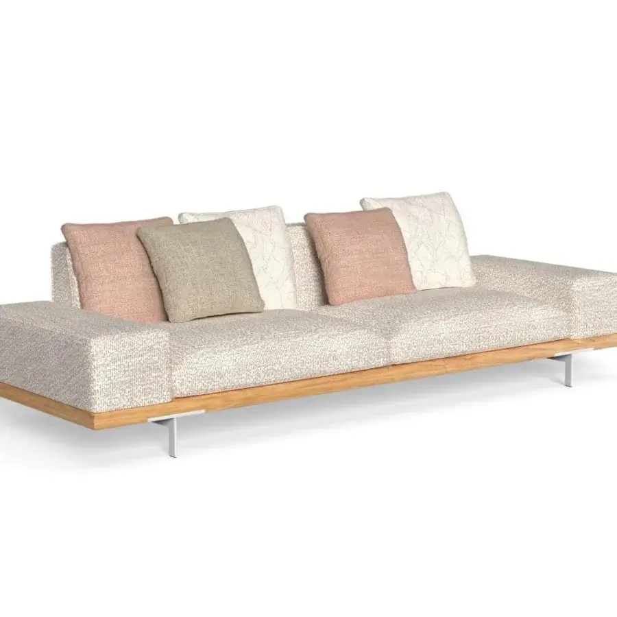 Distinguished Talenti Allure sofa with light beige textured fabric upholstery, customizable armrests and a satin sheen wooden base
