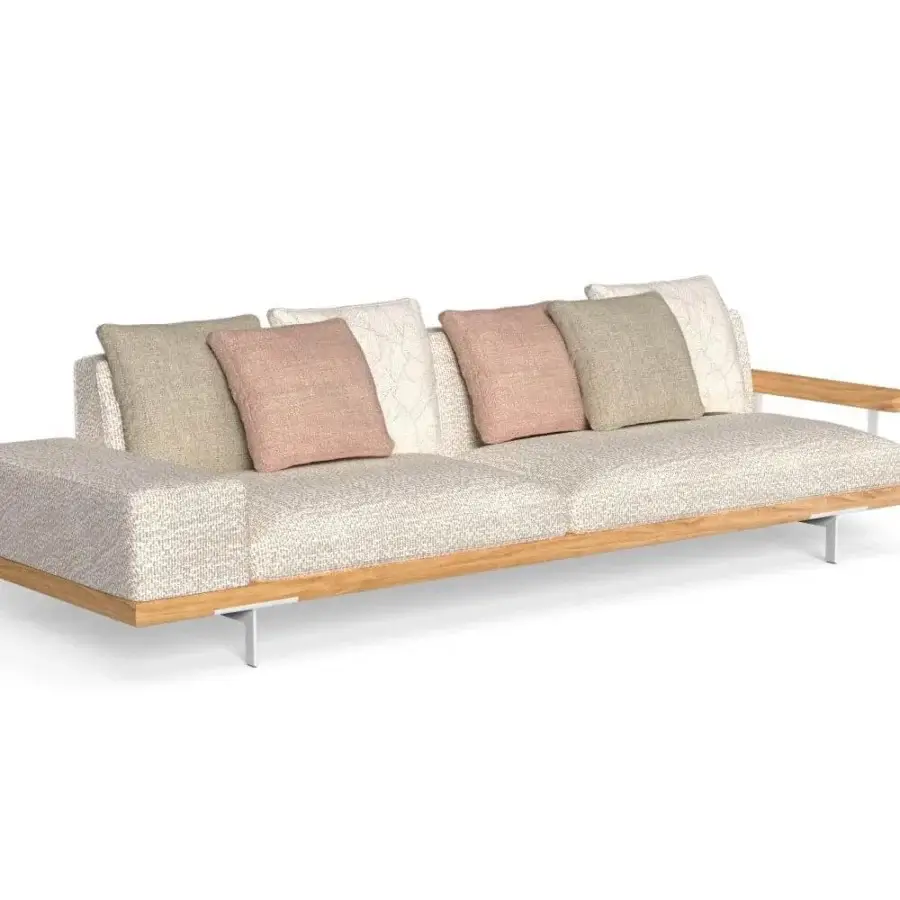 Exceptional Talenti Allure sofa with a visible wooden frame, cream and beige textured upholstery, plus square cushions in varied textiles