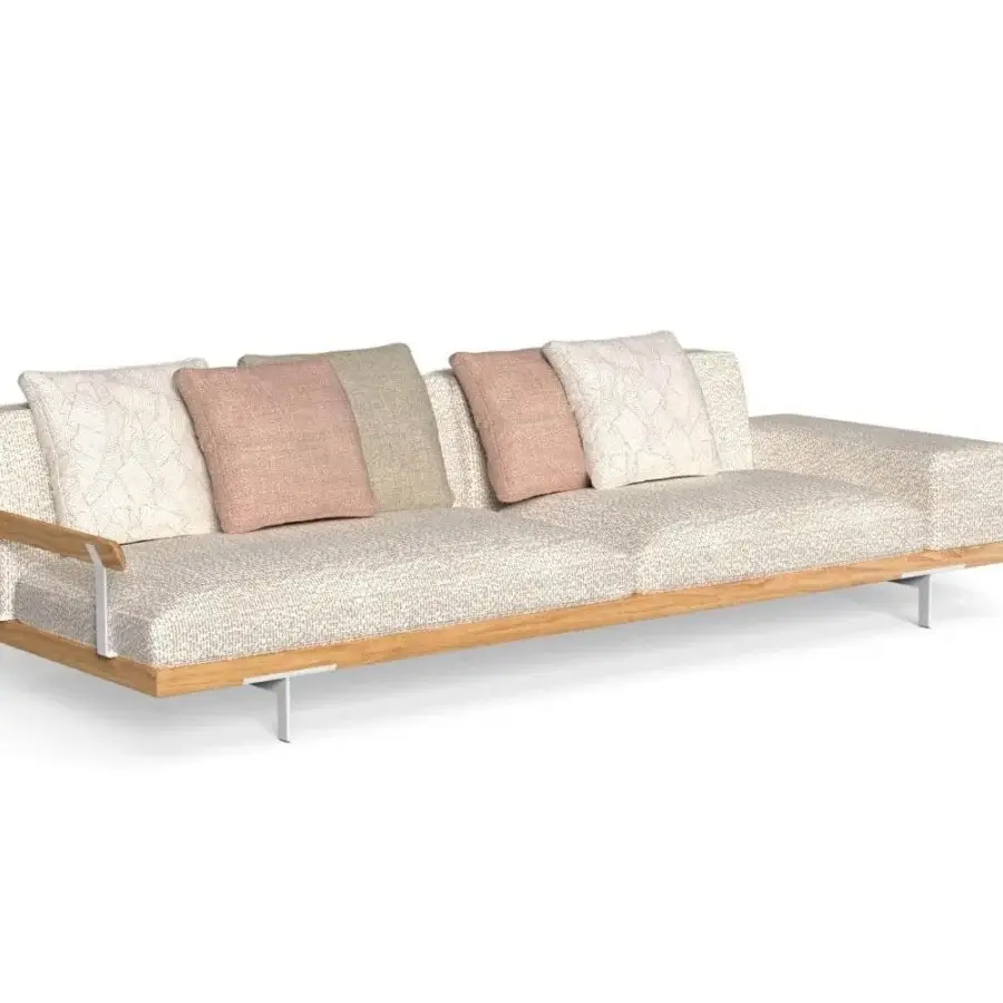 Superior Talenti Allure sofa with light textile cushions, smooth wood frame and matte metal supports with pink and brown pillows