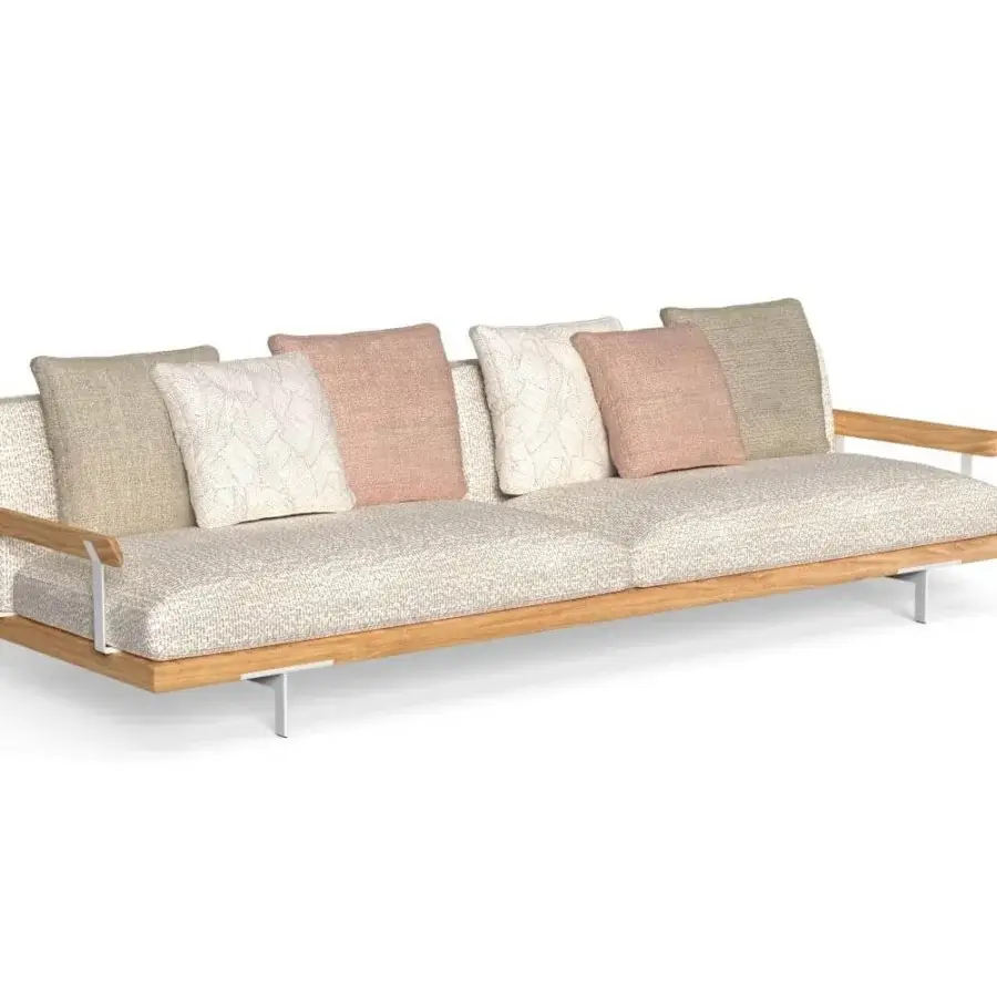 Exclusive Talenti Allure sofa with natural wood frame, sleek metal legs and textured light beige, cream, pink patterned textile upholstery