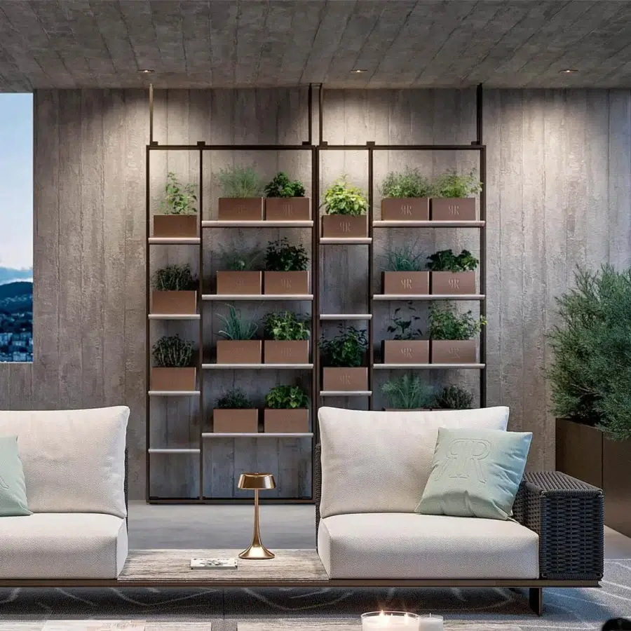 Distinguished Rugiano Garden Plant Shelf with a high-end metal structure and light-colored ceramic or marble shelves in a matte finish