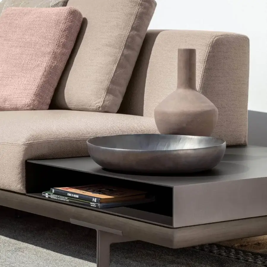 Captivating Talenti Allure coffee table with geometric style, muted gray-brown solid wood top and linear aluminum feet