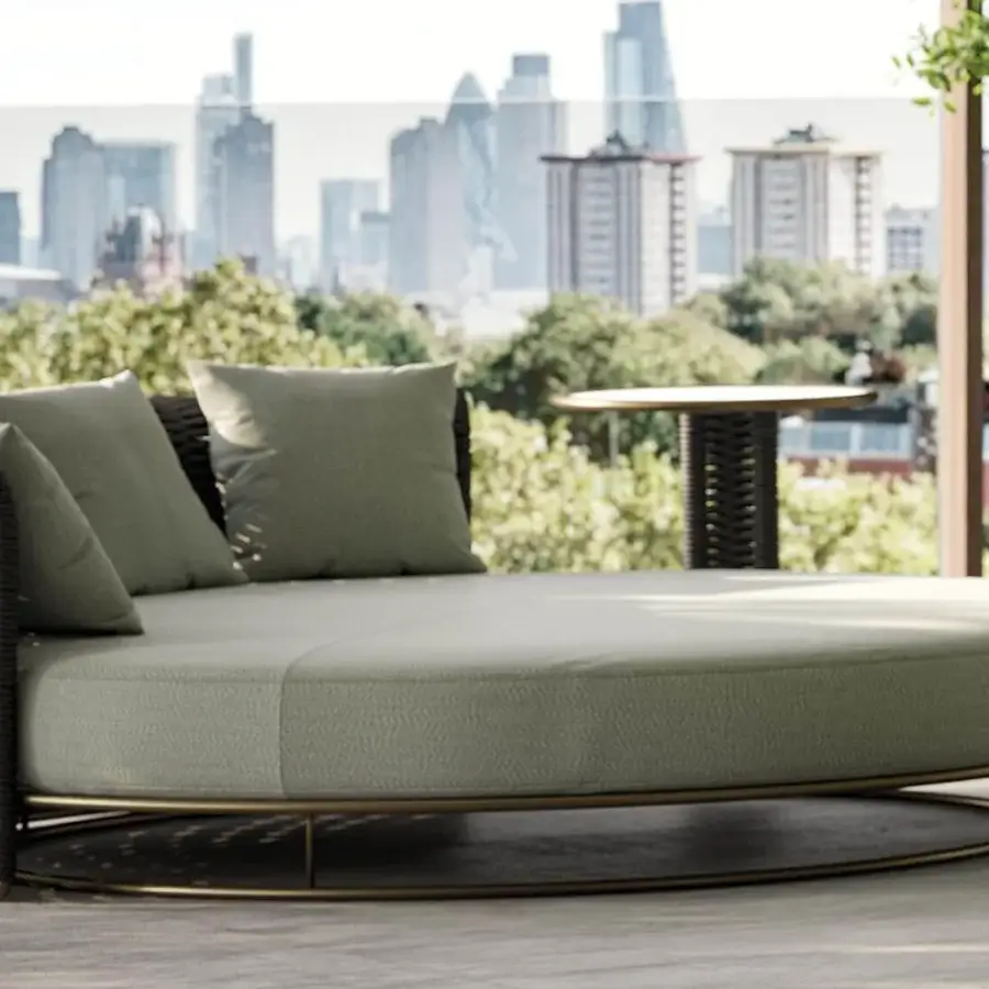 Exclusive Rugiano Marina daybed with bronze metal base and dark brown hand-braided rope, accented with muted green cushions