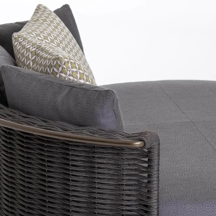 Lavish Rugiano Marina daybed with bronze metal frame intricately woven in gray hand-braided rope and comfortable gray cushions