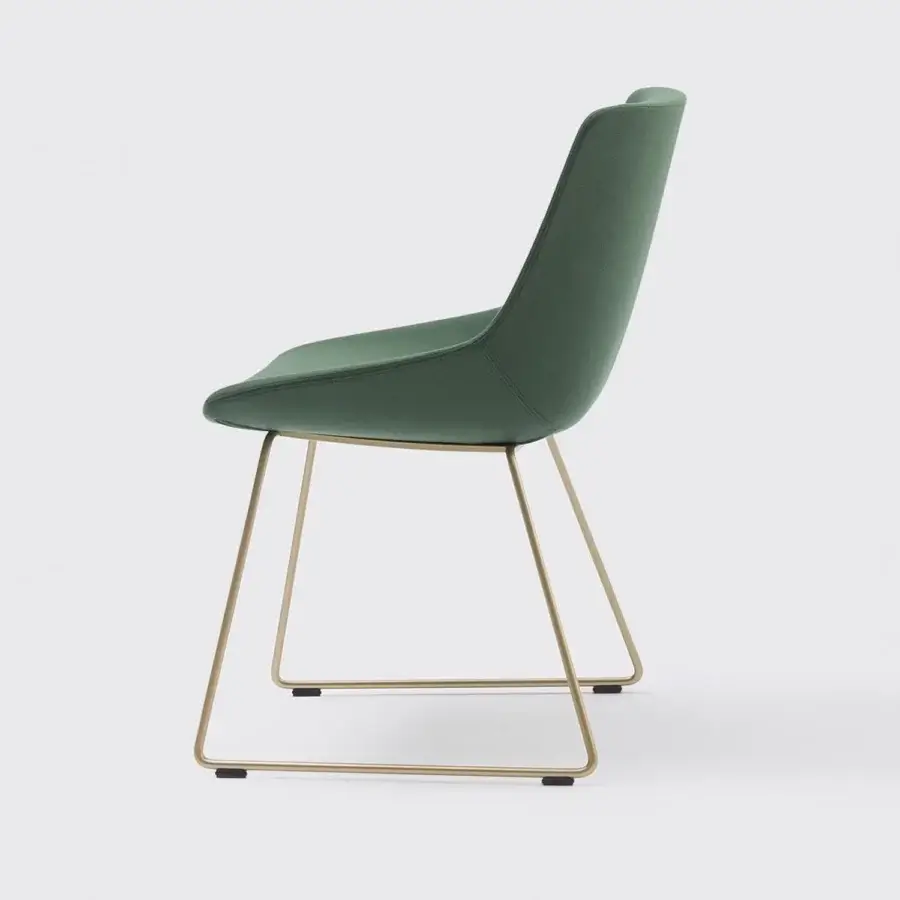 Distinctive Bonaldo Artika chair with dark green woven fabric upholstery and golden-toned metal base, exhibiting a sleek matte finish
