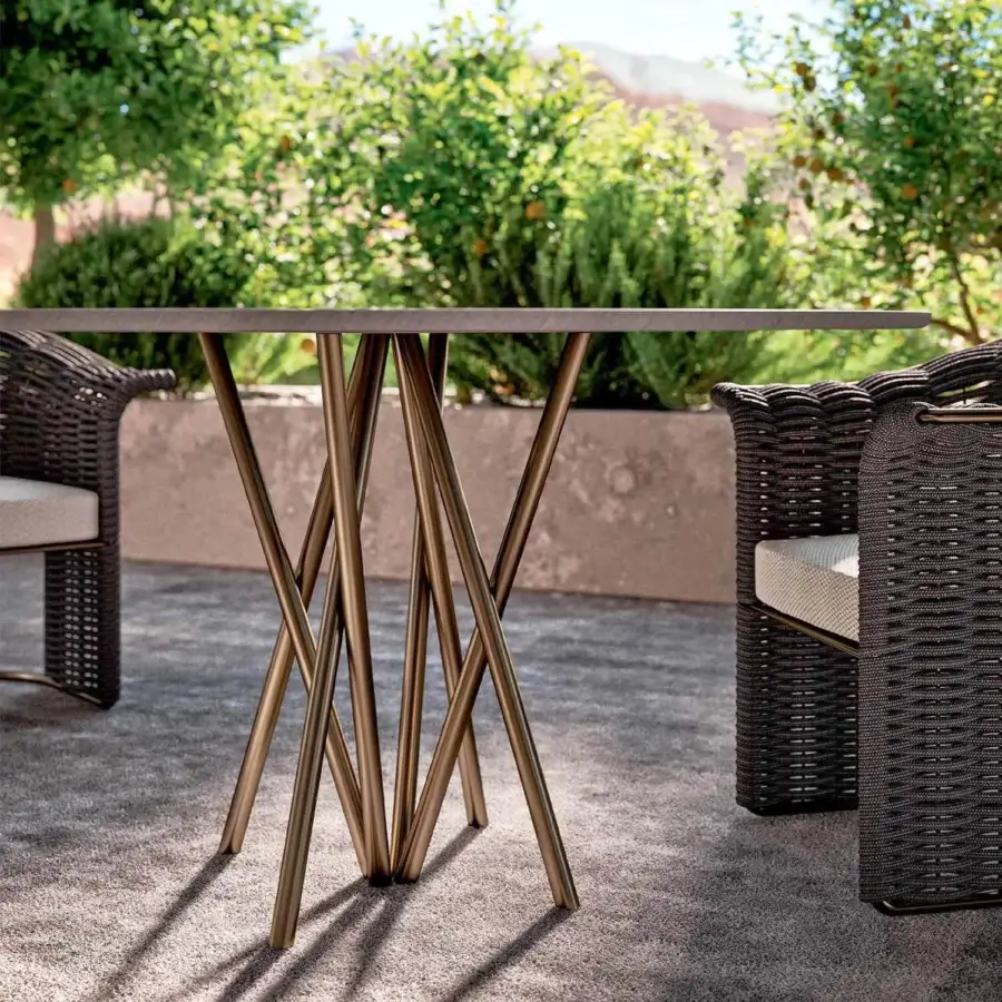 Elegant Rugiano Mikado table with a semioval top in neutral gray ceramic and marble with a matte finish
