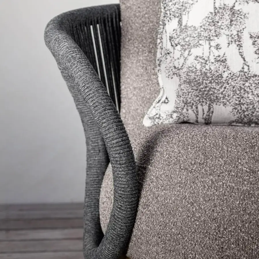 Distinguished Talenti Karen lounge chair with dark gray woven detailing and muted brown-gray tweed-like upholstery crafted in Italy