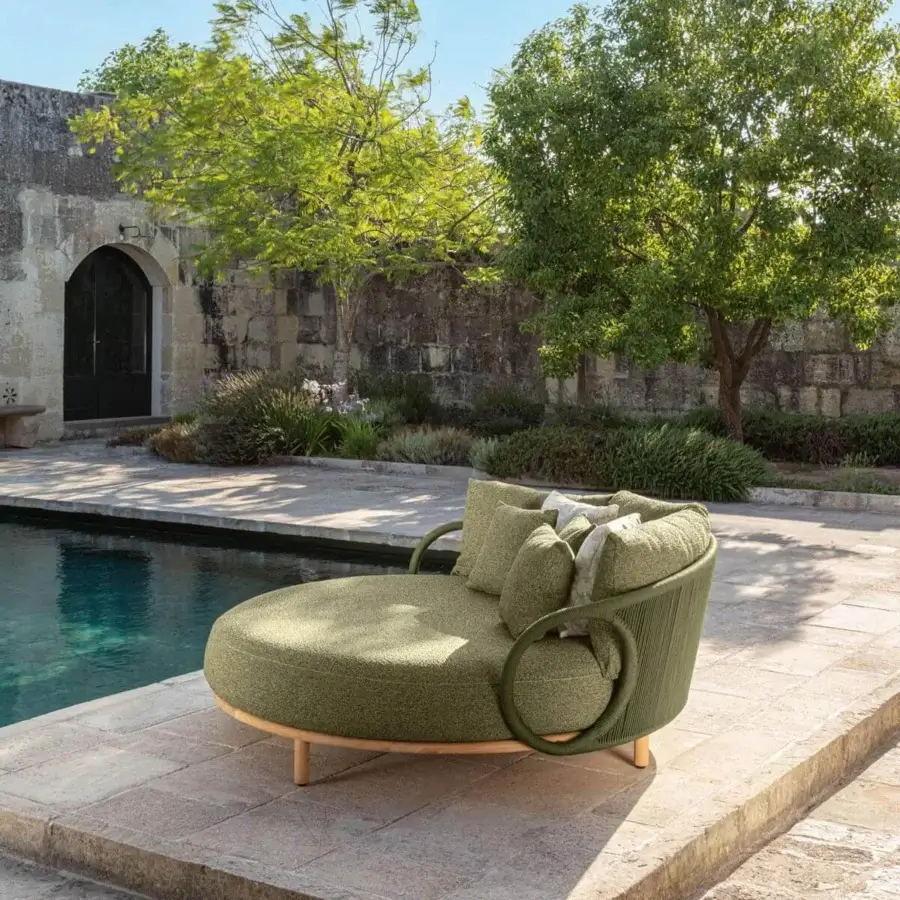 Superior Talenti Karen daybed with curved enveloping lines upholstered in muted green woven textile and light-toned wood base
